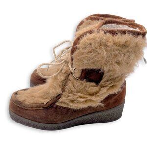 Yodelers Women's Faux Fur Brown Leather Winter Boots Lined Round Toe Lace Up 6.5